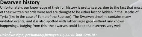 Dwarven history Unfortunately, our knowledge of their full history is preyy scarce, due to the fact that most of their wriyen records were and are thought to be either lost or hidden in the Depths of Tyria (like in the case of Tome of the Rubicon). The Dwarven ymeline contains many undated events, and it is also spoyed with rather large gaps without any known happenings. Judging from this, the dwarves could keep their secrets very well.  Unknown yme, presumably between 10,000 BE and 1796 BE:
